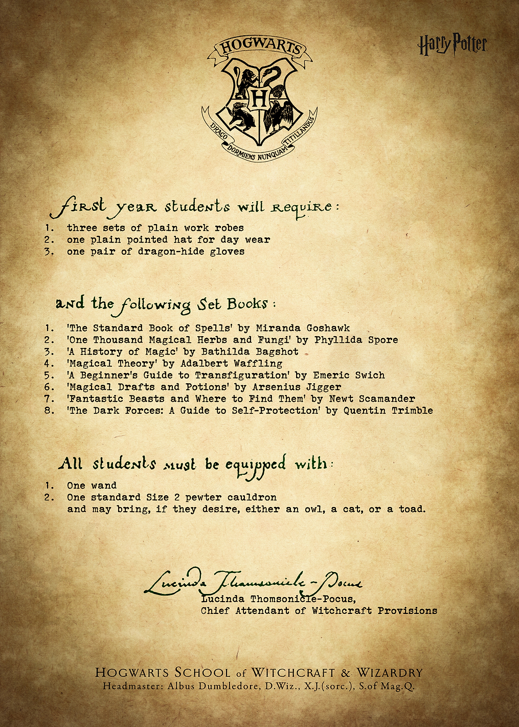 List of required equipment: постер из коллекции Wizarding World