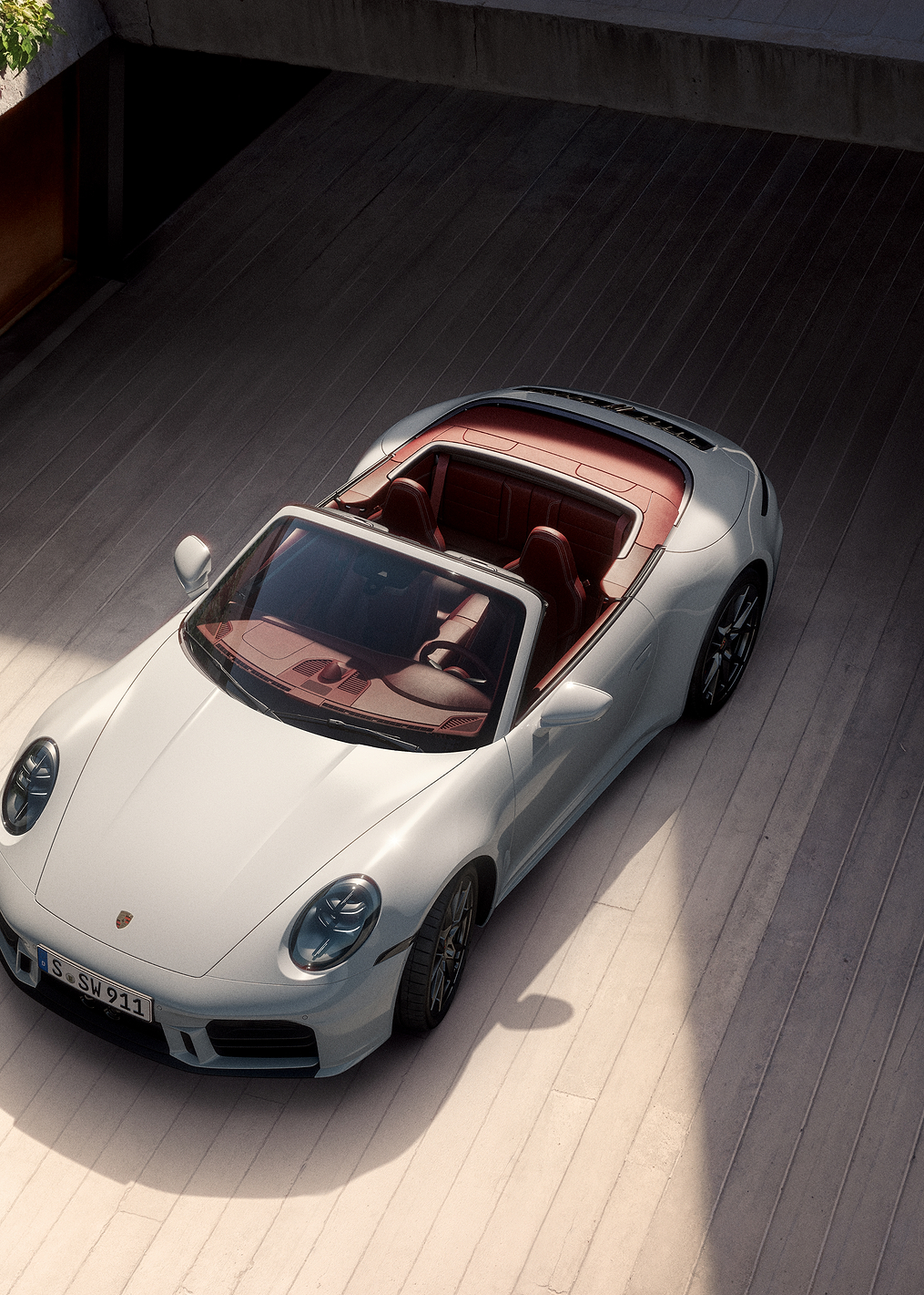 Sleek White Porsche in Architectural Garage: постер из коллекции Porsche