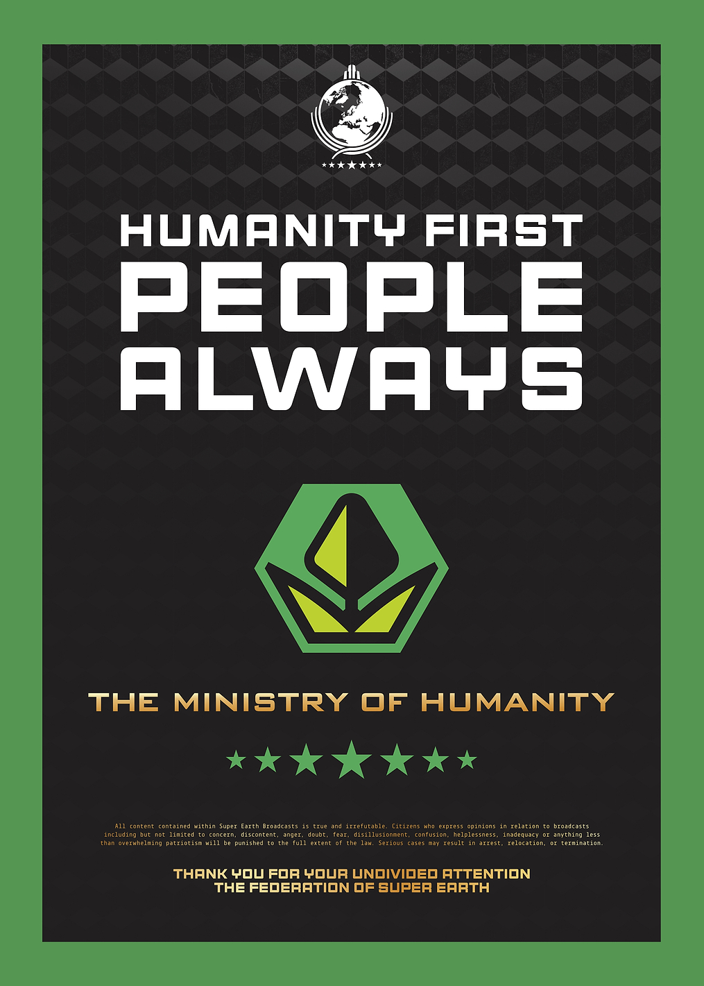Super Earth Propaganda: Humanity First: постер из коллекции HELLDIVERS