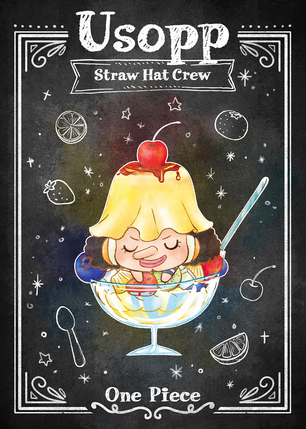 Usopp Fruit Dessert Chalkboard: постер из коллекции One Piece