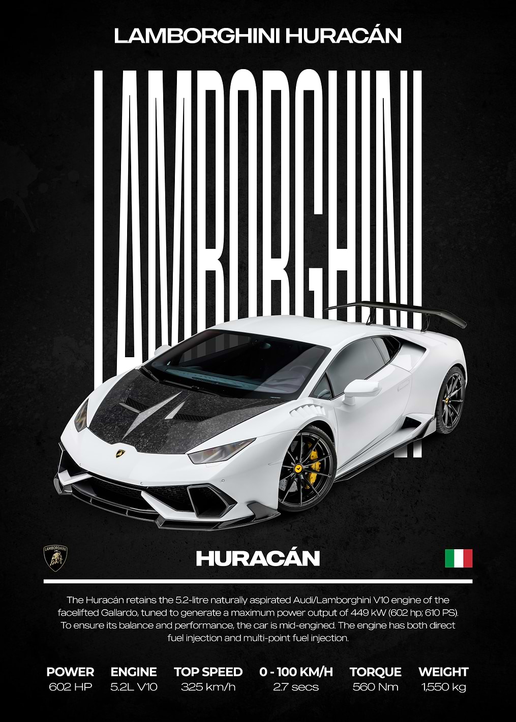 Lamborghini Huracan White Car Poster / PLATINA