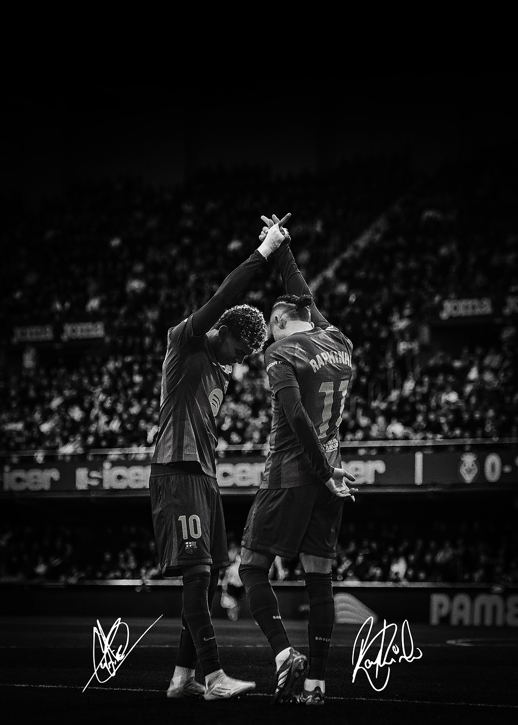 Football players celebrating with hands raised: постер из коллекции Ламин Ямаль