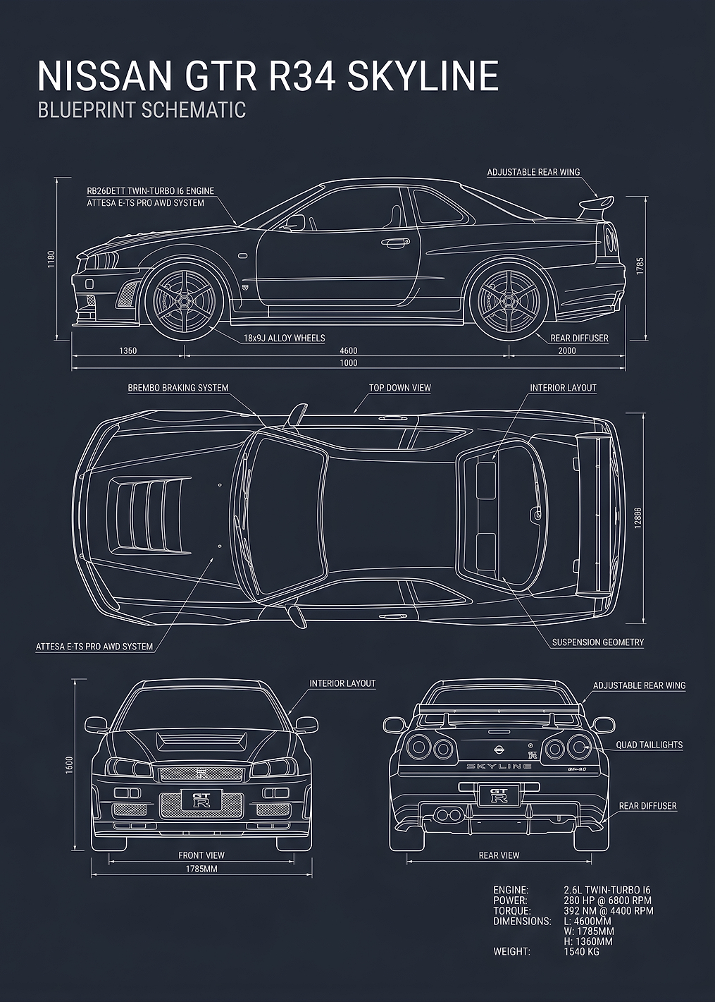 Nissan GTR R34 Skyline Blueprint: постер из коллекции Nissan Skyline R34