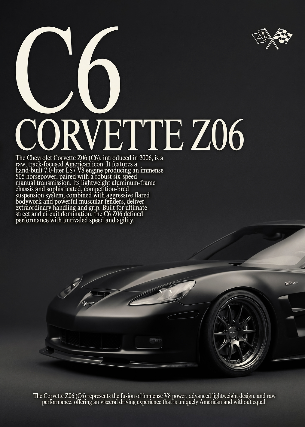close up sleek black Chevrolet Corvette C6 Z06 car poster: постер из коллекции Chevrolet Corvette