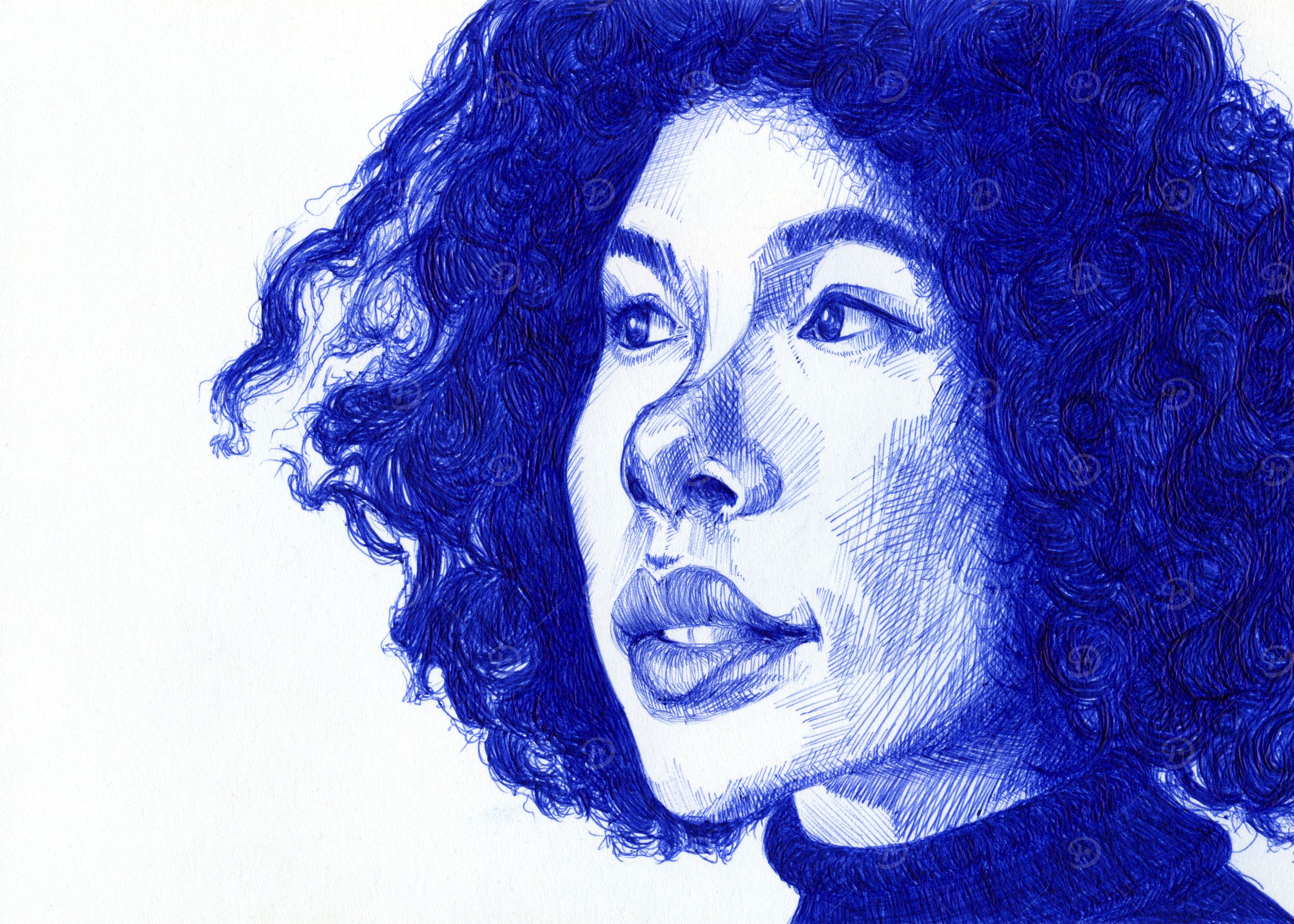 Woman In Blue Ink 'Woman in Blue' Poster, picture, metal print, paint by Yair Katz | Displate