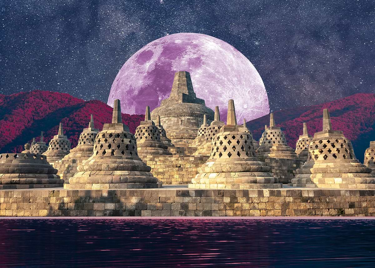 'Moon Temple' Poster, picture, metal print, paint by amio | Displate