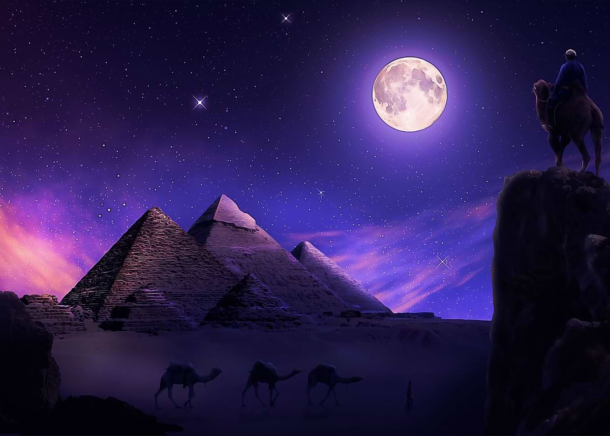 Giza pyramids night sky' Poster, picture, metal print, paint