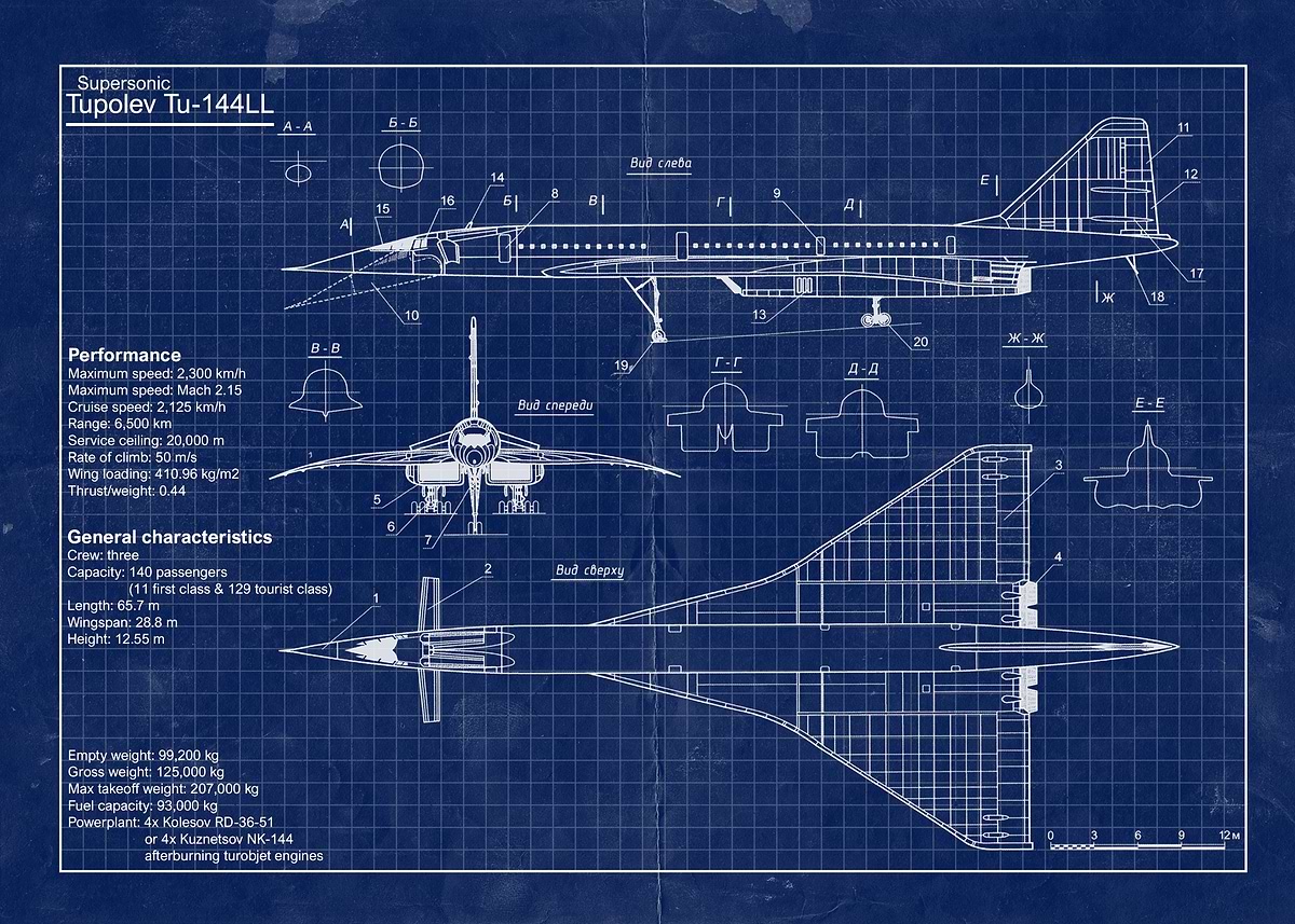 Tupolev TU 144 blueprint' Poster, picture, metal print