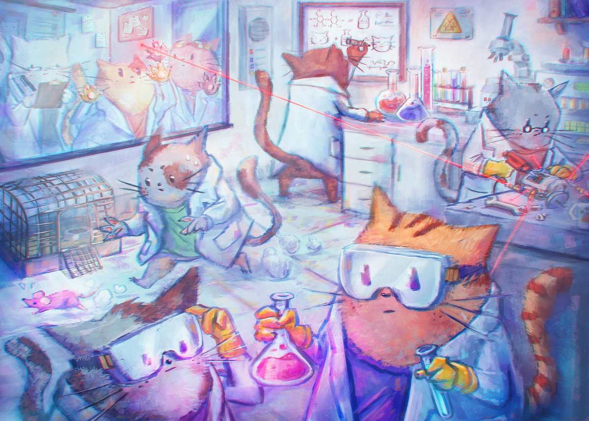 'Cat lab' Poster, picture, metal print, paint by KappaZap | Displate