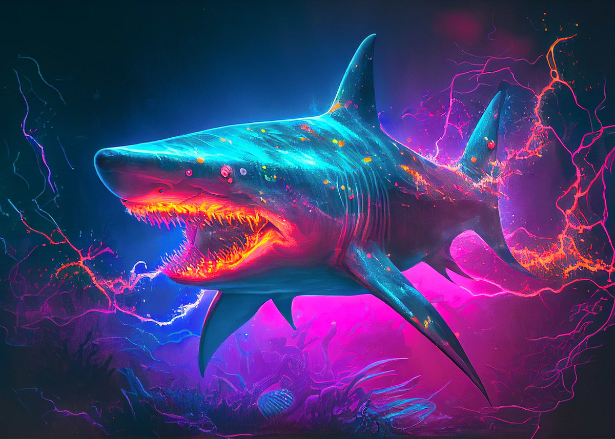 Synthwave Shark' Poster, picture, metal print, paint by Boot Hill