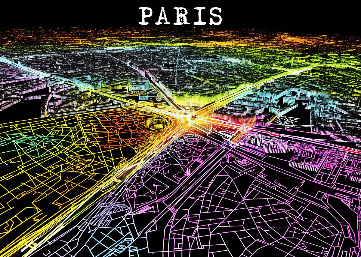 'France Paris Map Neon' Poster, picture, metal print, paint by ...