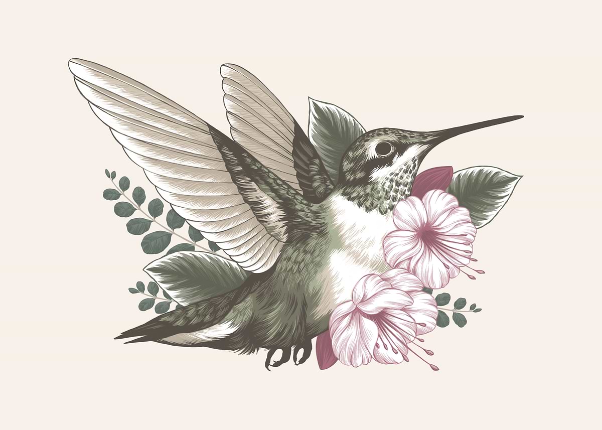 'Hummingbird with flowers' Poster, picture, metal print, paint by ...