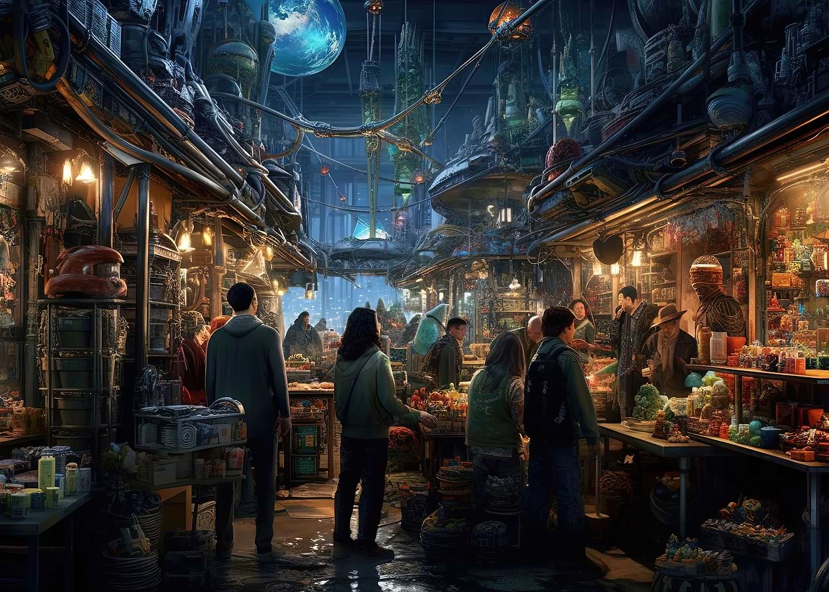 'Alien Market' Poster, picture, metal print, paint by E | Displate
