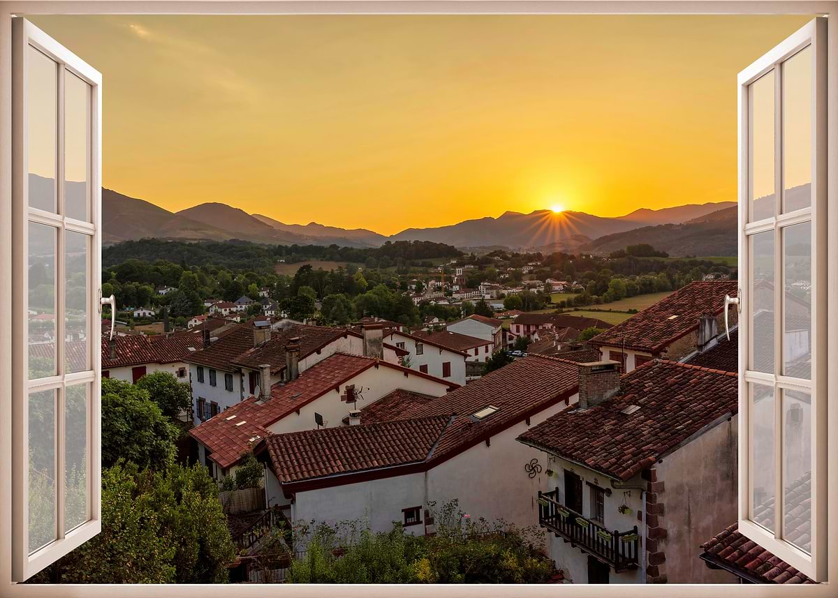 Town Window View 'Window view mountain town' Poster, picture, metal print, paint by ...