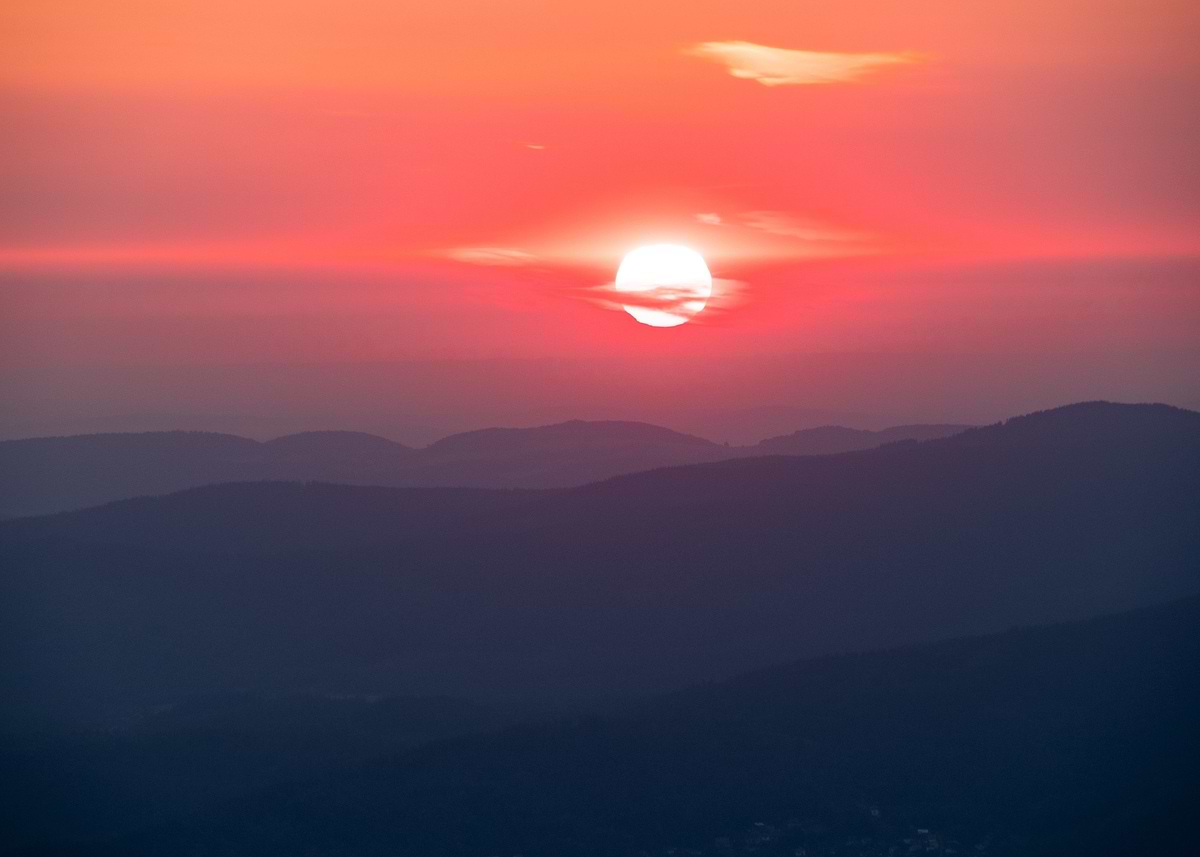 Rubescent Sunset 'Red Sunset' Poster, picture, metal print, paint by Beata Tabak | Displate