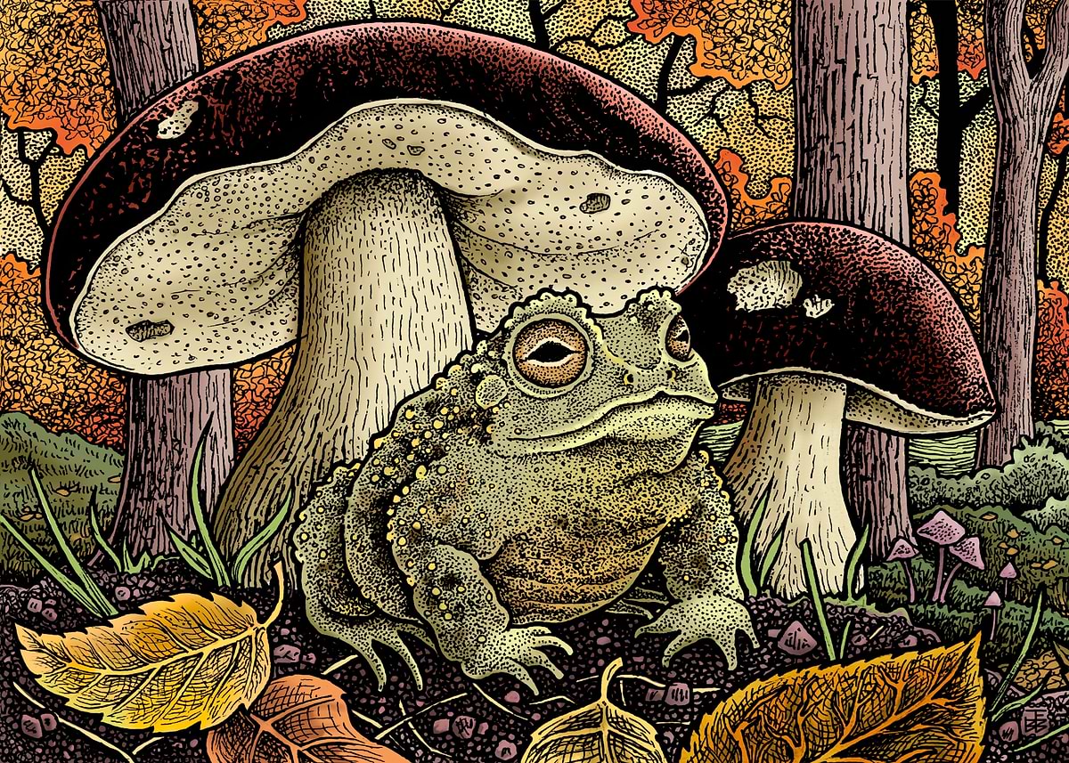 Toad under mushrooms' Poster, picture, metal print, paint by James