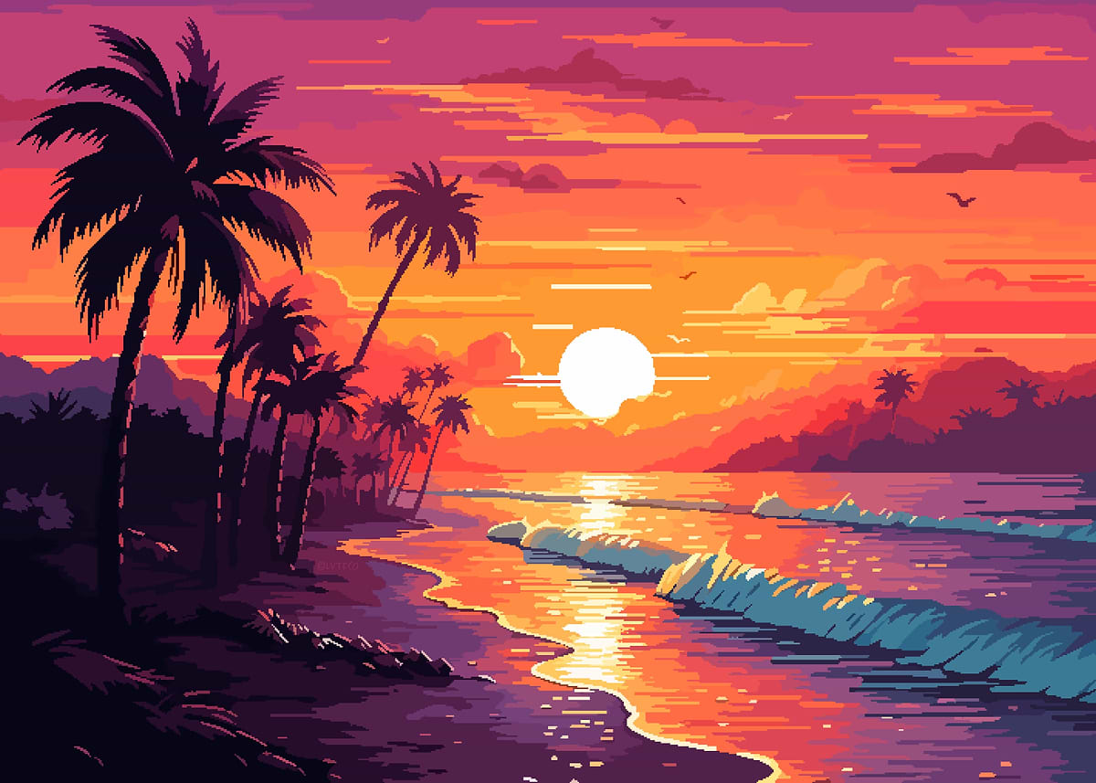 Beach Sunset Pixel Art' Poster, picture, metal print, paint by