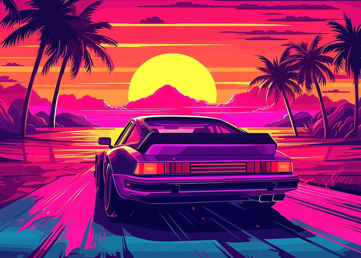 synthwave retro car sunset' Poster, picture, metal print, paint by