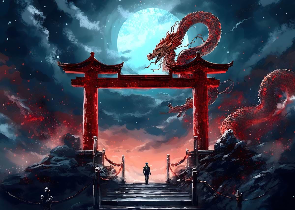 Torii gate Japan Dragon' Poster, picture, metal print, paint by EB