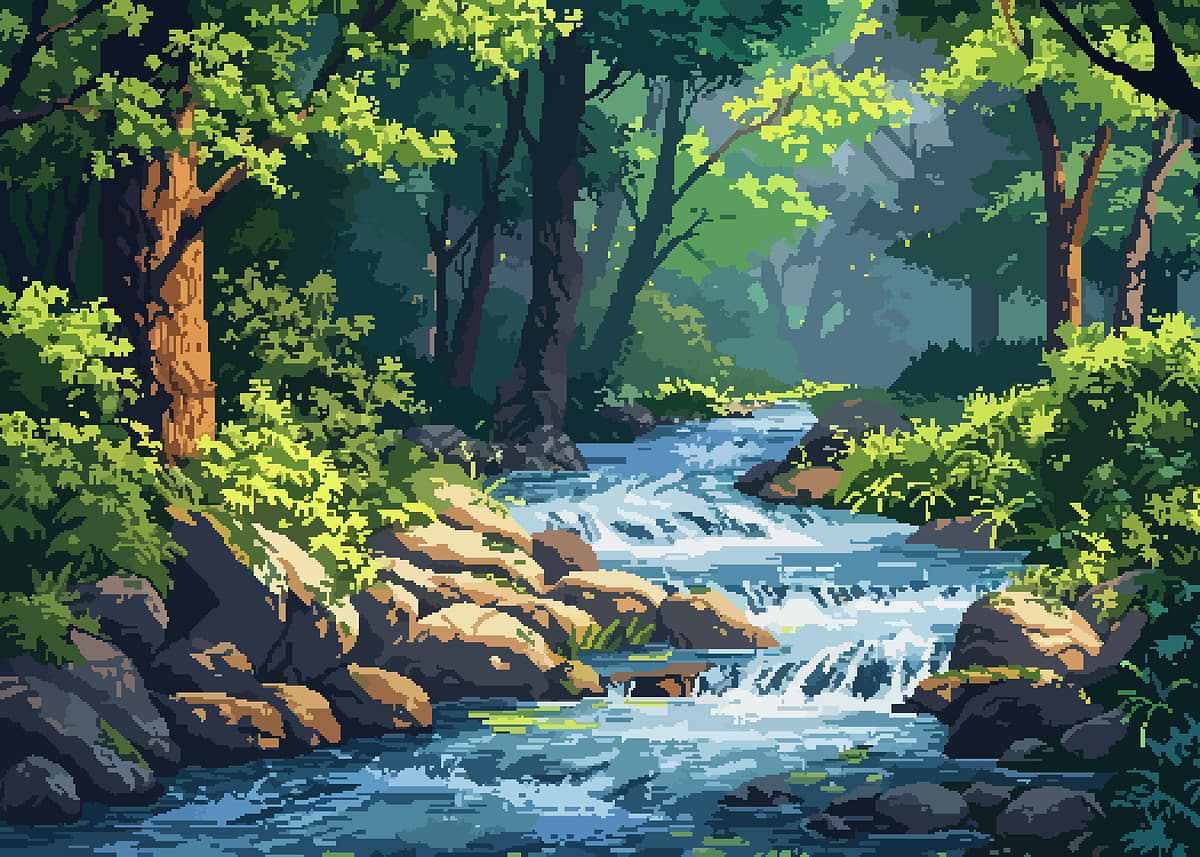 Zen Forest River Pixel Art' Poster, picture, metal print, paint by