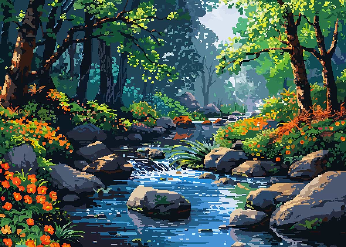 Zen Forest River Pixel Art' Poster, picture, metal print, paint by
