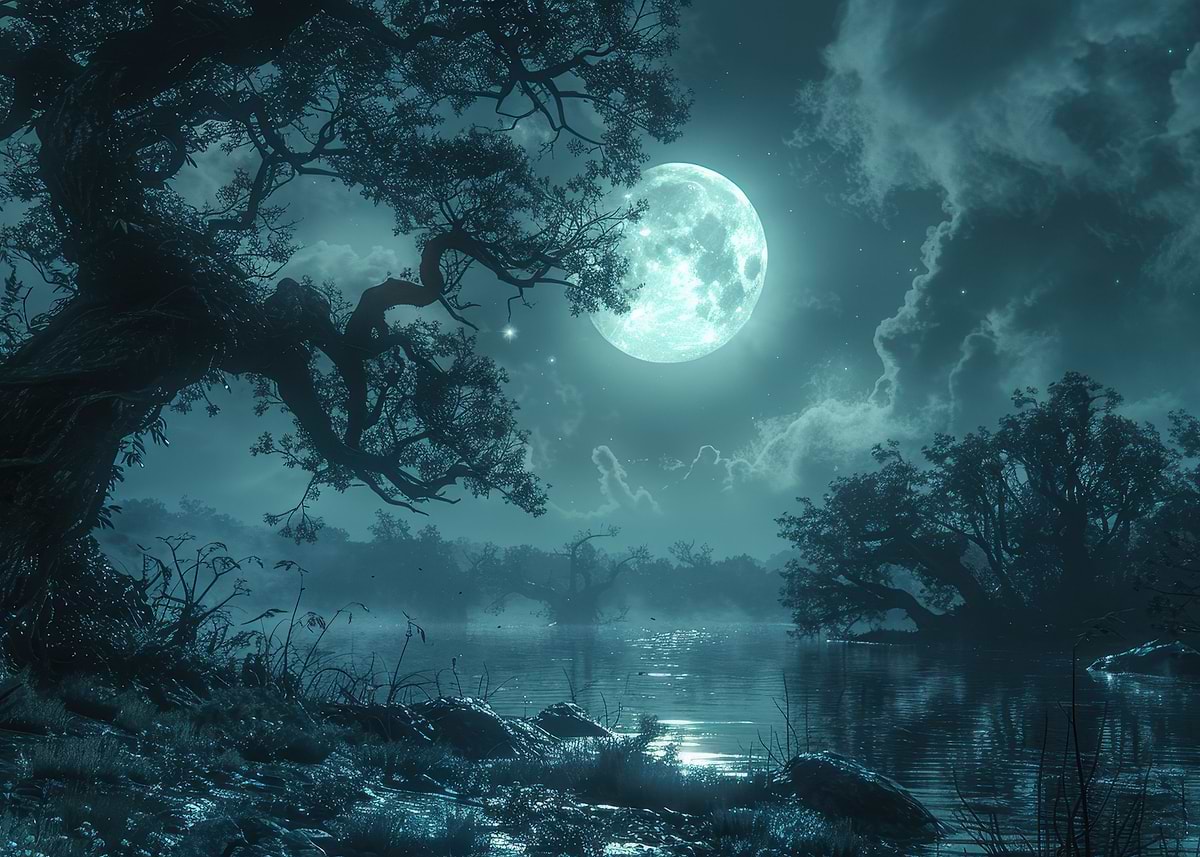'Moonlight river landscape' Poster, picture, metal print, paint by ...