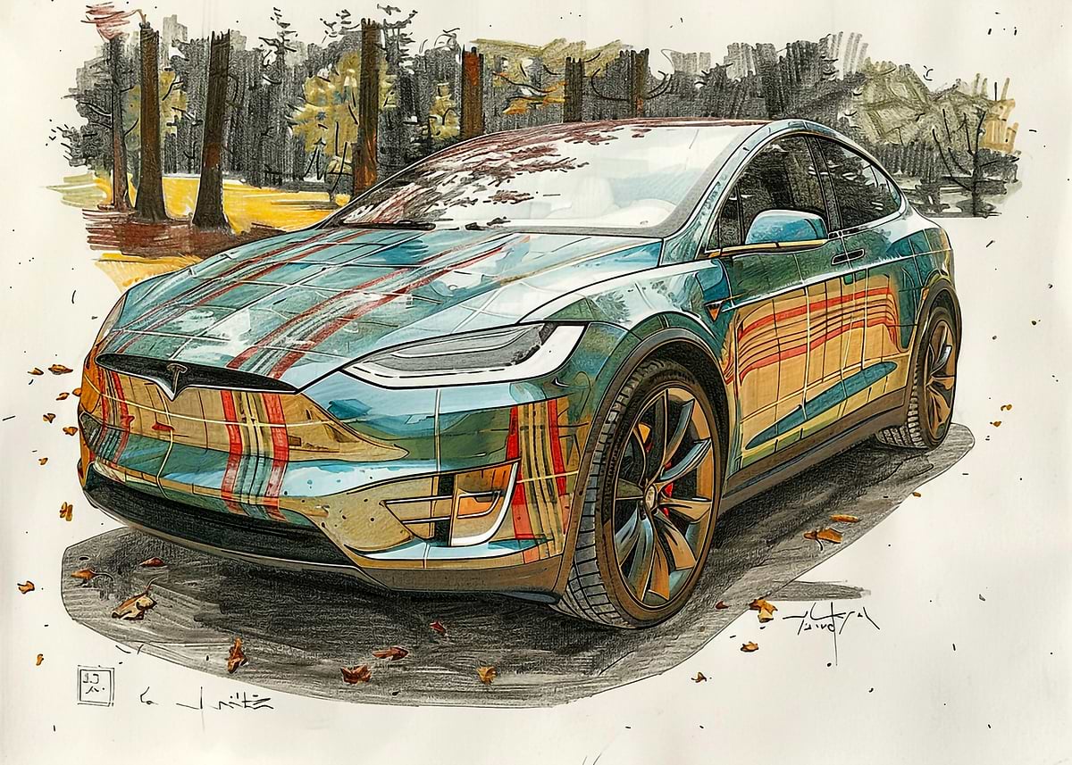 Red Tesla Drawing 'Tesla Model X Drawing' Poster, picture, metal print, paint by Victoria ...
