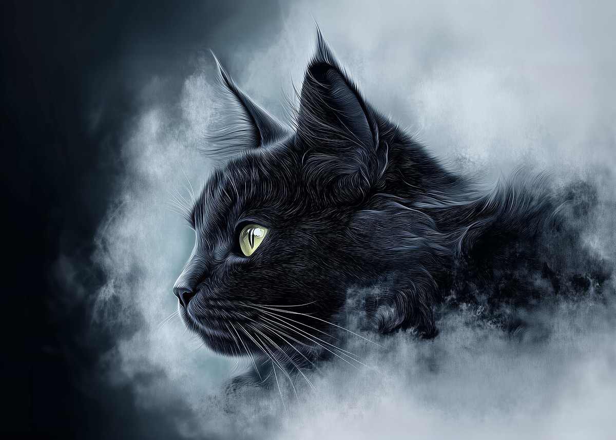 Black Cat in Fog' Poster, picture, metal print, paint by PetsArt