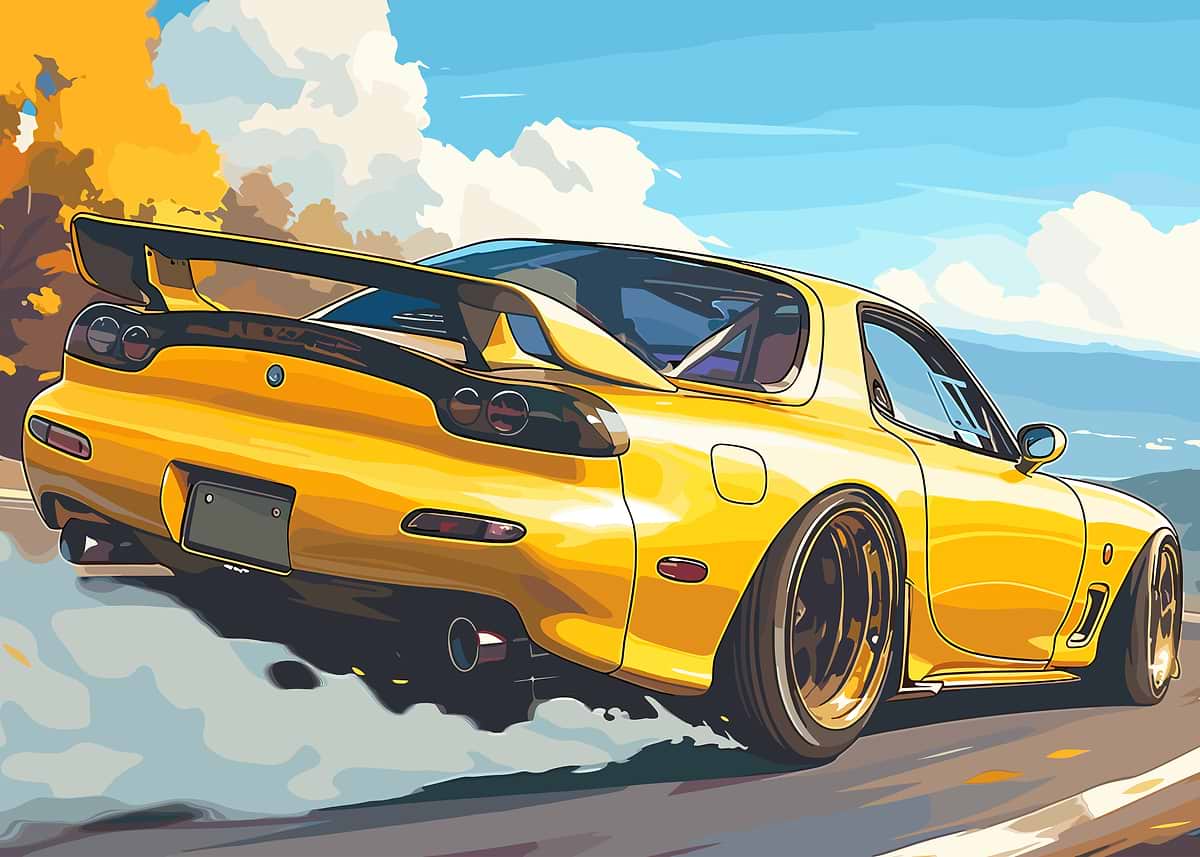 Yellow Mazda RX-7 Drifting' Poster, picture, metal print, paint by