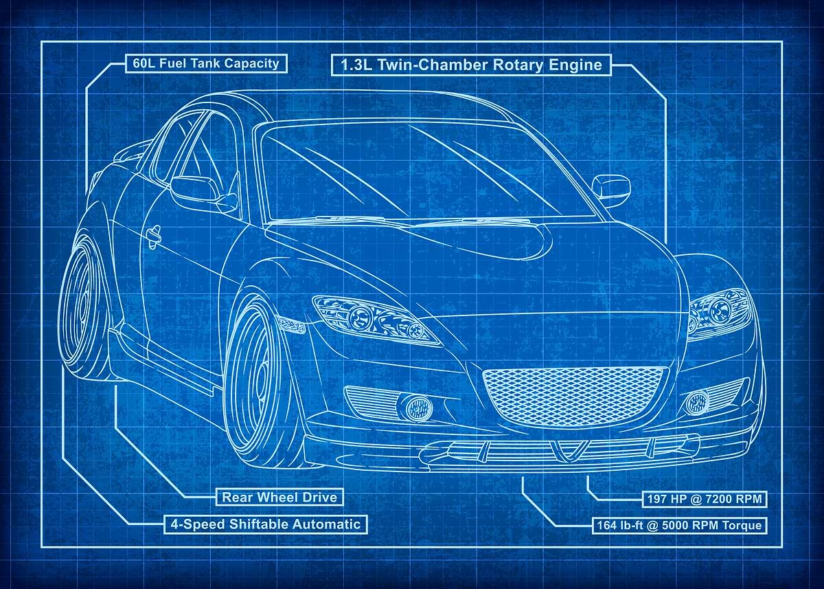 Mazda RX-8 Blueprint' Poster, picture, metal print, paint by Navin