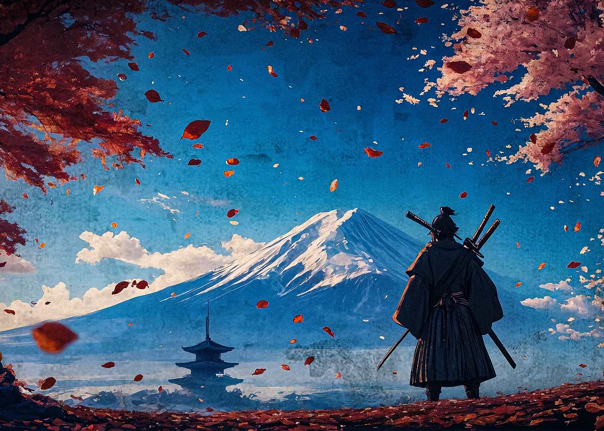 Samurai and Mount Fuji' Poster, picture, metal print, paint by