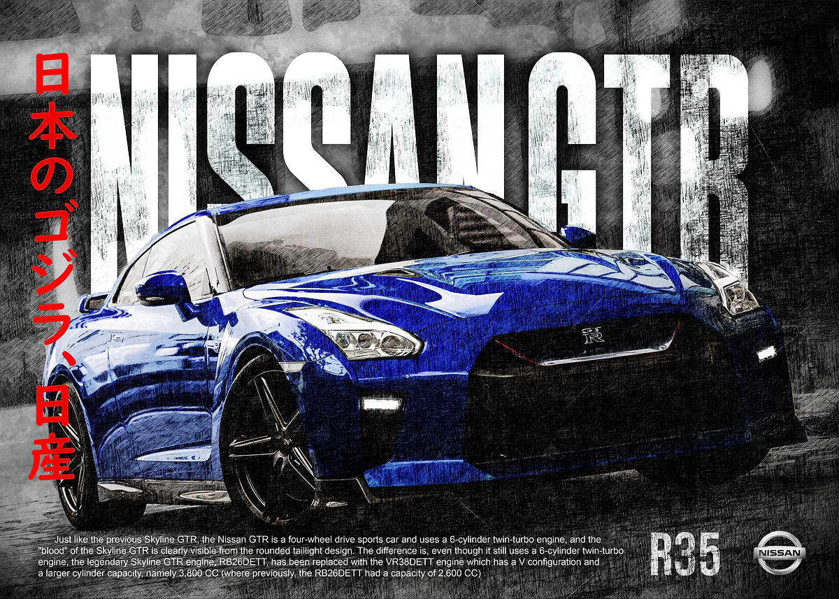 Gtr R35 Lettering 'Nissan GTR R35 sketch' Poster, picture, metal print, paint by yunur ...