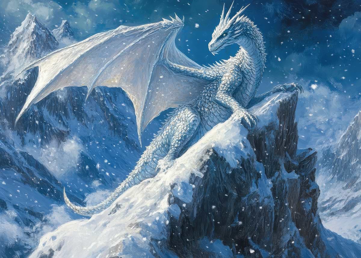 White Dragon on Mountaintop' Poster, picture, metal print, paint