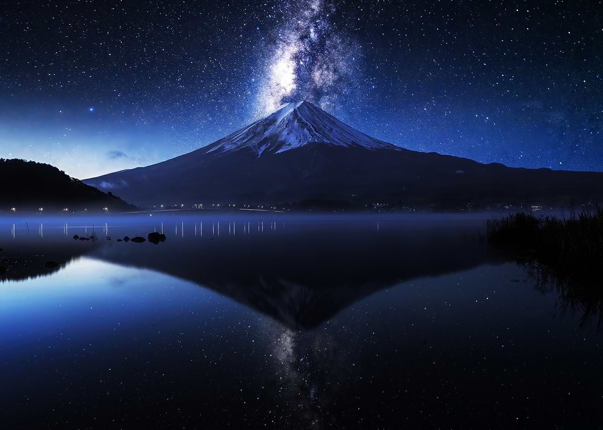 Mount Fuji Night Sky' Poster, picture, metal print, paint by Leika
