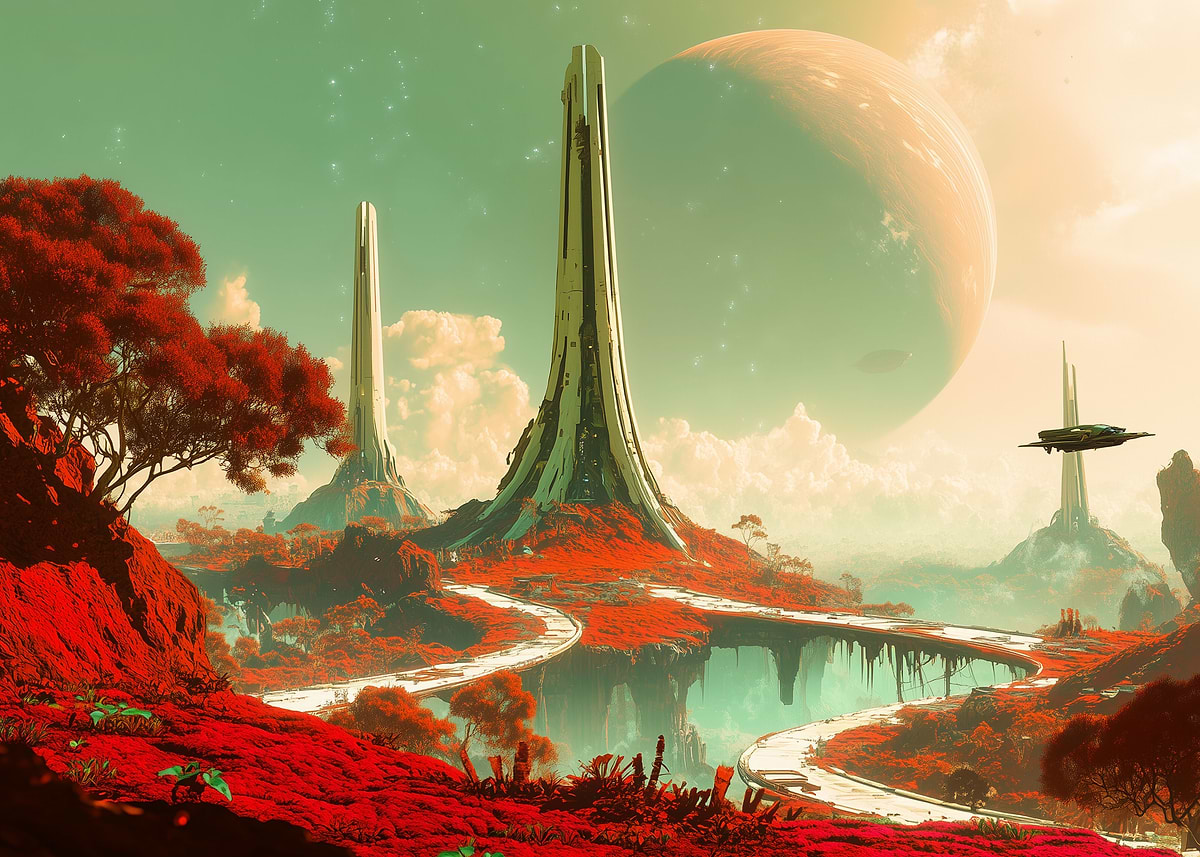 'Alien Landscape with Towers' Poster, picture, metal print, paint by ...