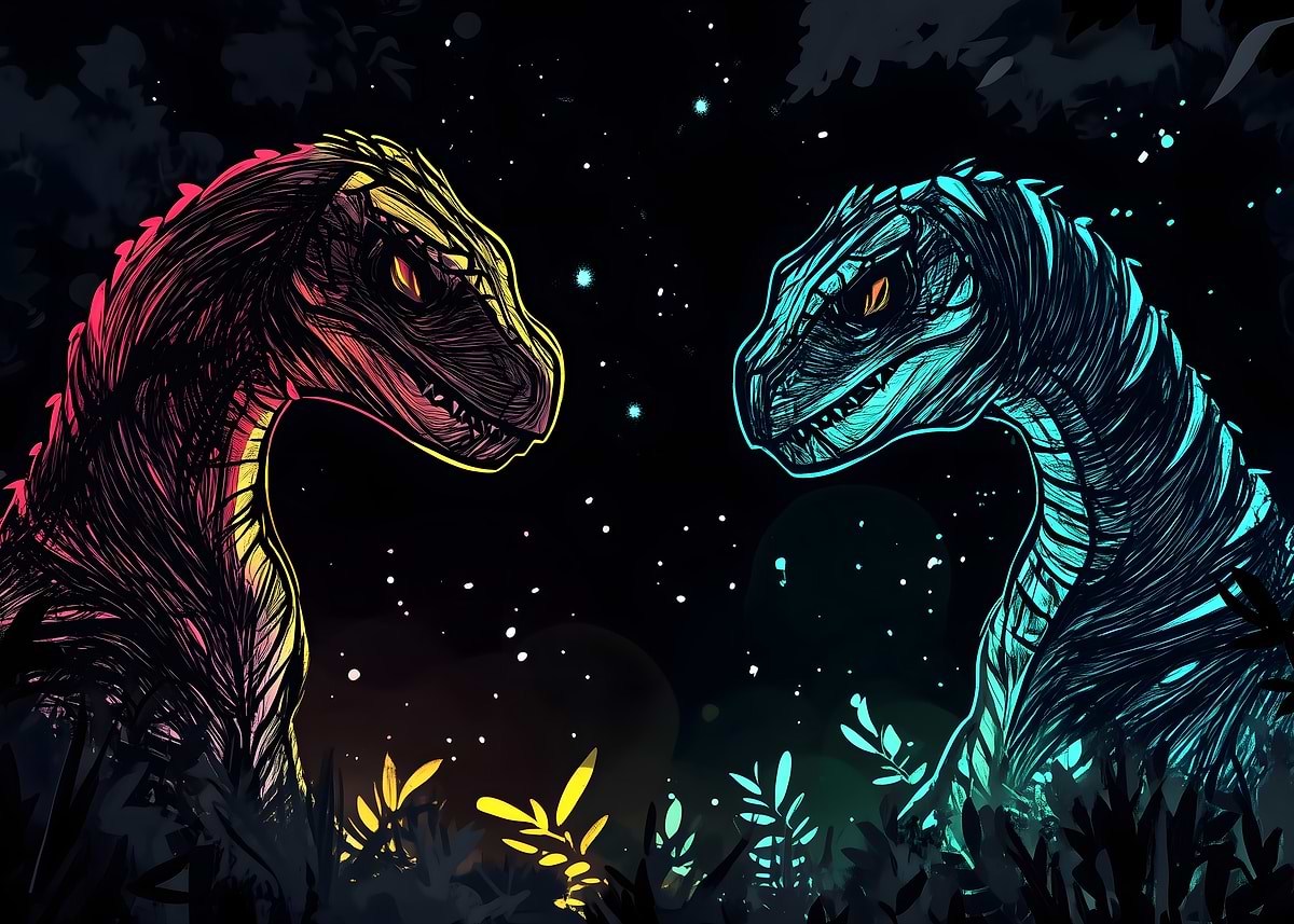 Two Raptors Cute 'Two Raptors in the Night' Poster, picture, metal print, paint by ...