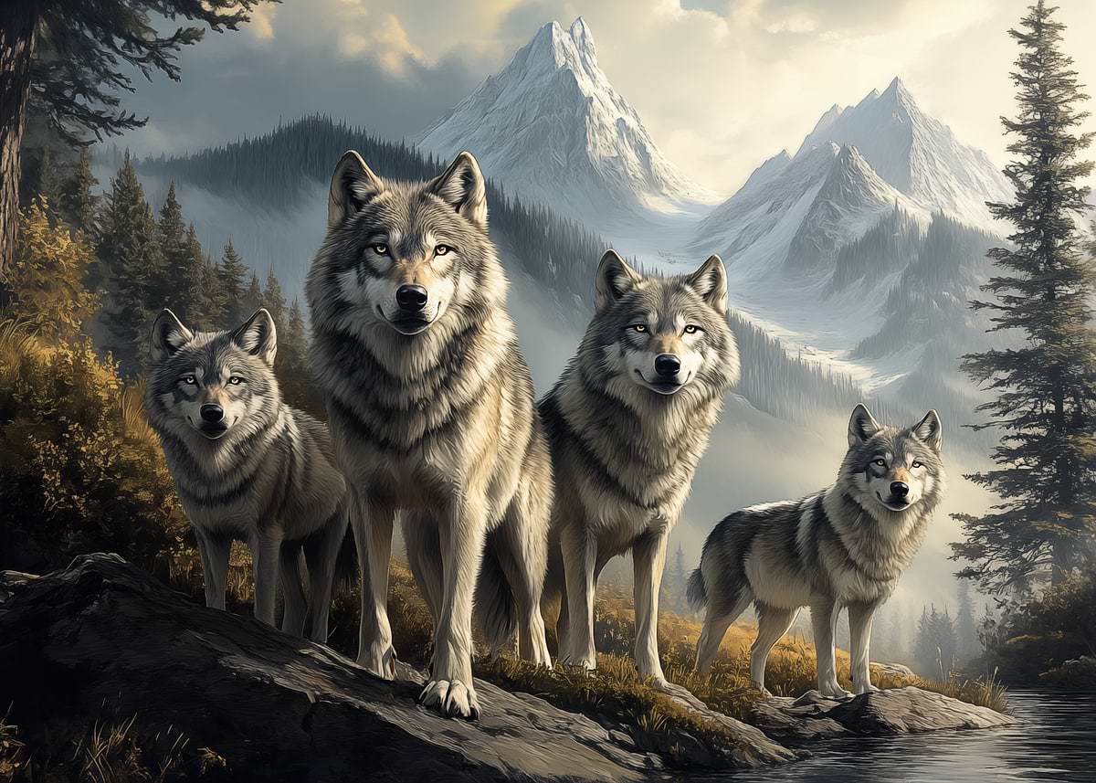 Wolf Pack in Mountain Landscape' Poster, picture, metal print