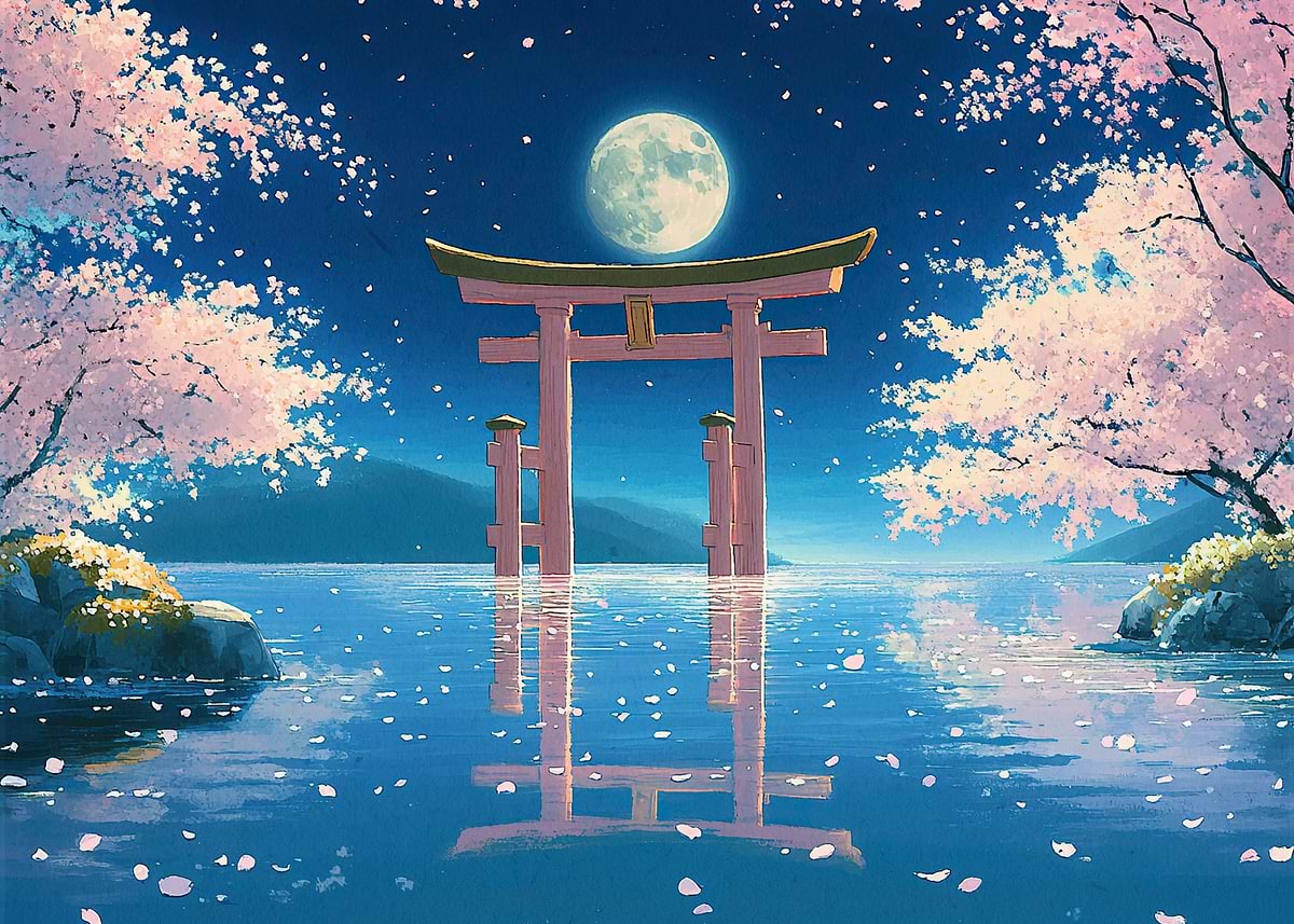 Japanese Moonlit Torii Gate' Poster, picture, metal print, paint
