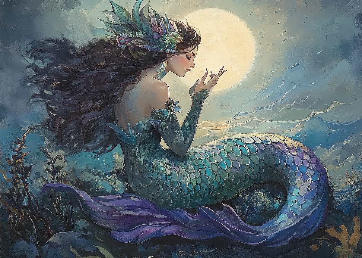 Mermaid Under Moonlight' Poster, picture, metal print, paint by
