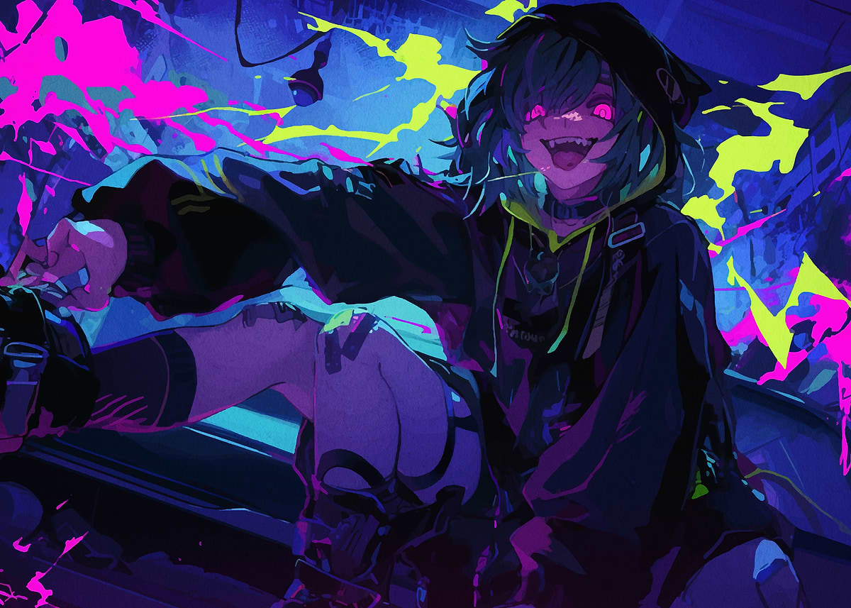 Anime Girl in Neon' Poster, picture, metal print, paint by Zarah