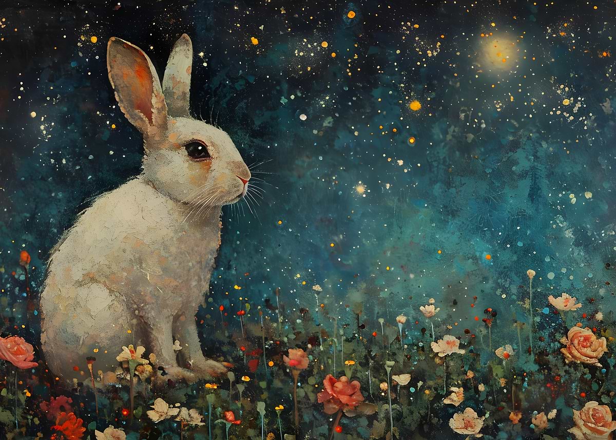 A Starry Rabbit 'White Rabbit Under Starry Sky' Poster, picture, metal print, paint by ...