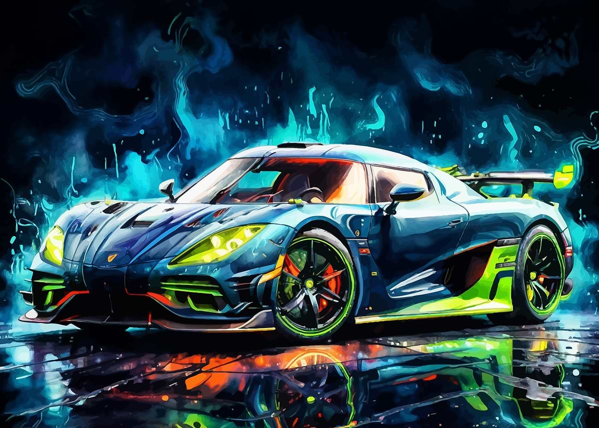 Blue Koenigsegg Jesko with Neon Lights' Poster, picture, metal