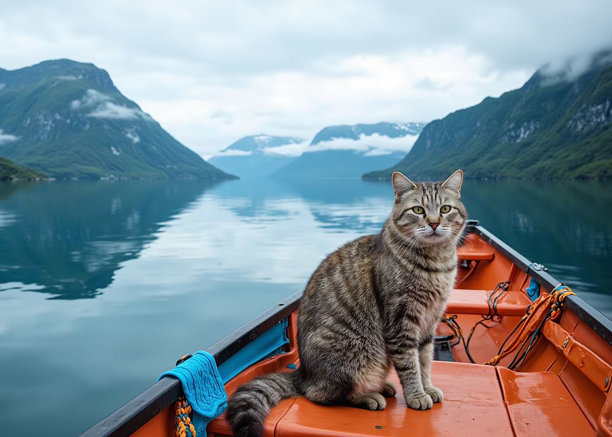 'Cat in a Boat on a Fjord' Poster, picture, metal print, paint by GMeta ...
