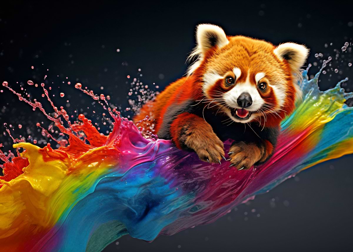 'Red Panda in Rainbow Splash' Poster, picture, metal print, paint by ...