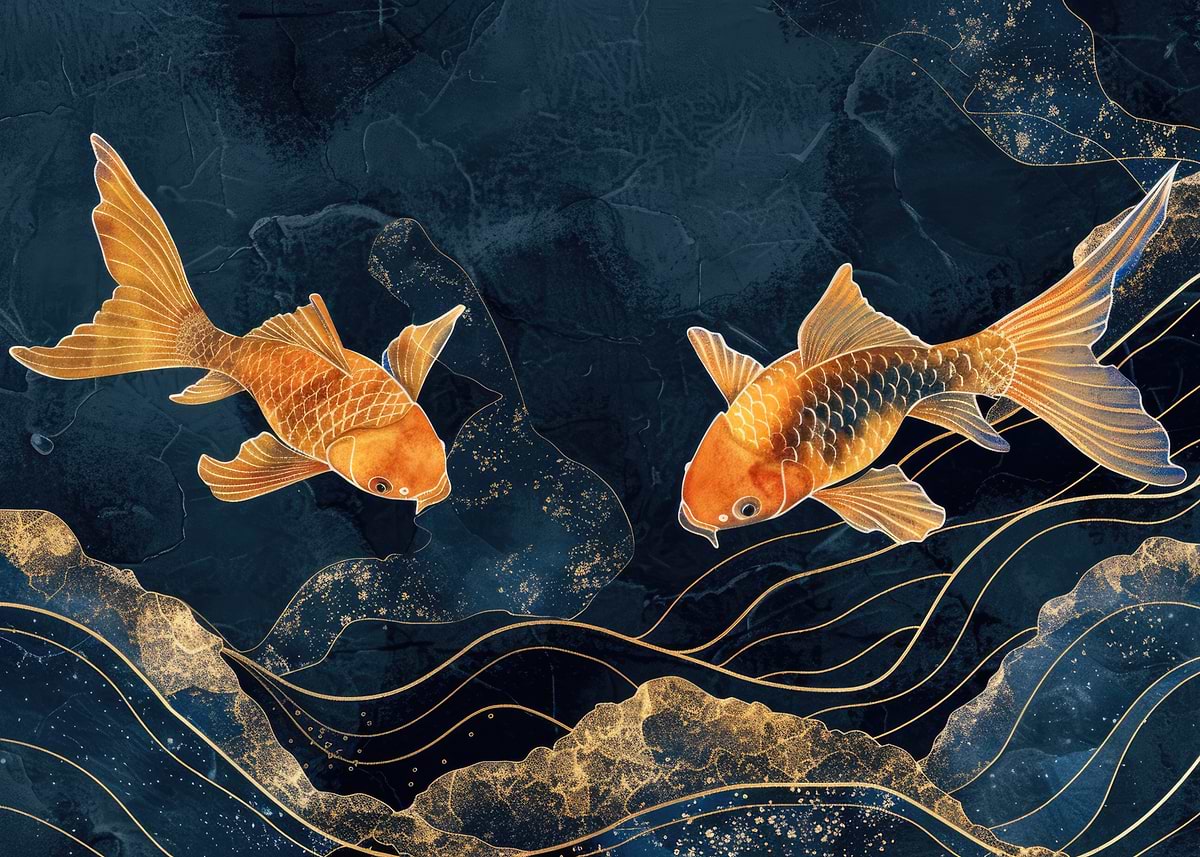 Goldfish on Blue Waves' Poster, picture, metal print, paint by