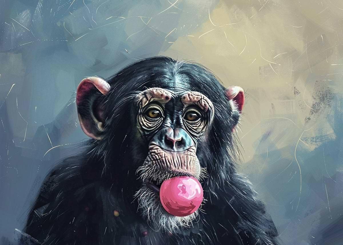 'Chimpanzee with Pink Ball' Poster, picture, metal print, paint by 467 ...