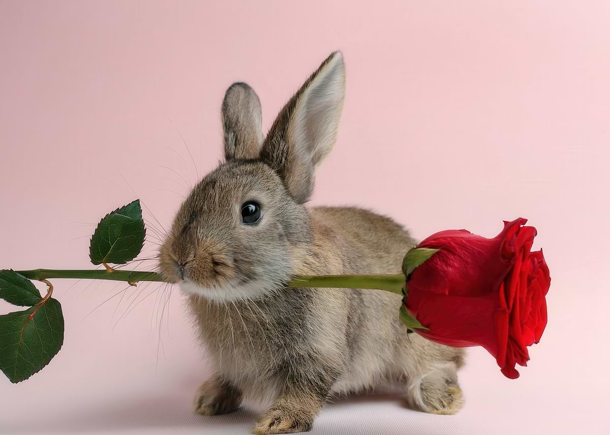 'Cute Bunny with a Single Red Long Stemmed Rose in its Mouth' Poster ...
