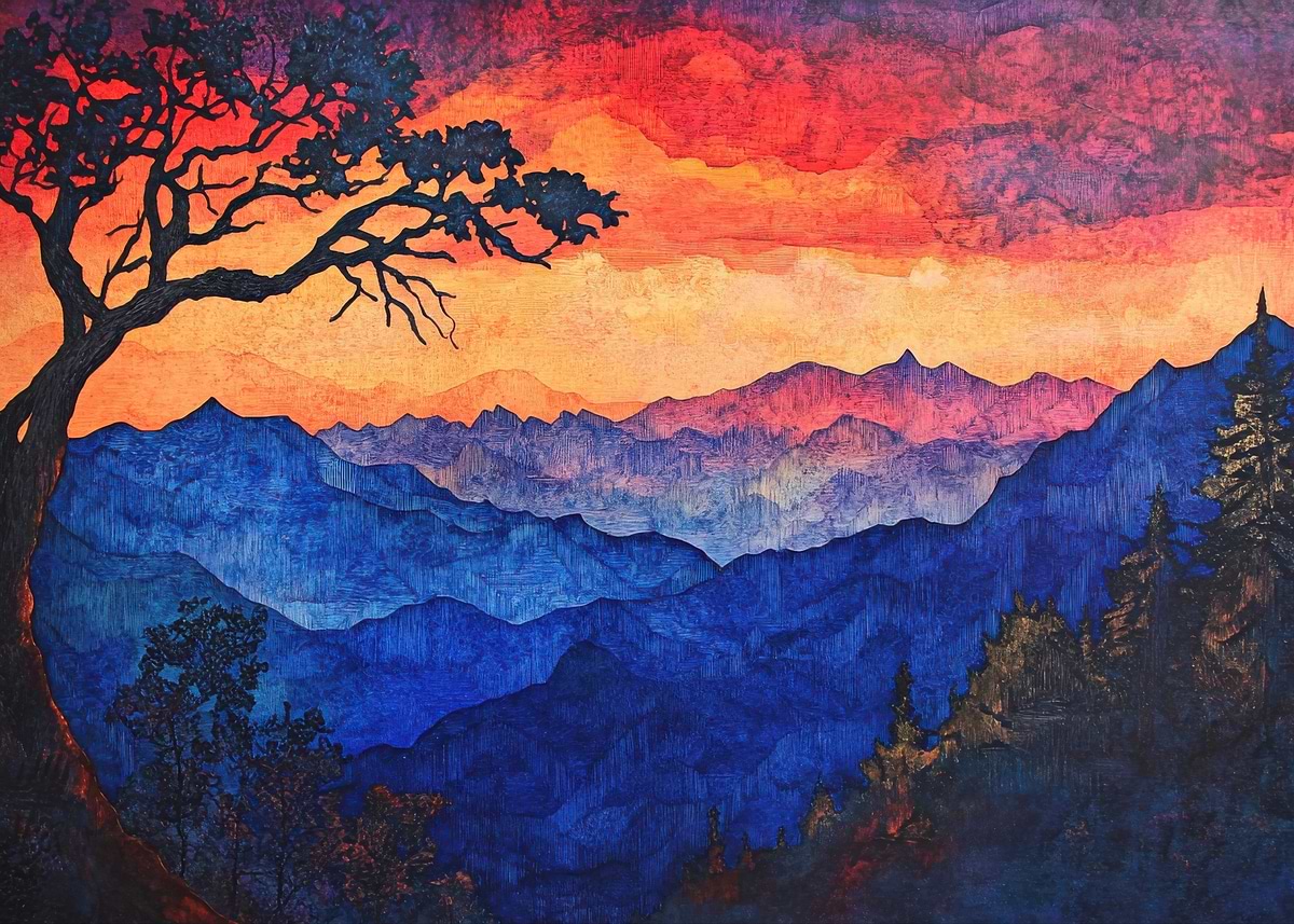 mountain-sunset-landscape-painting-poster-picture-metal-print