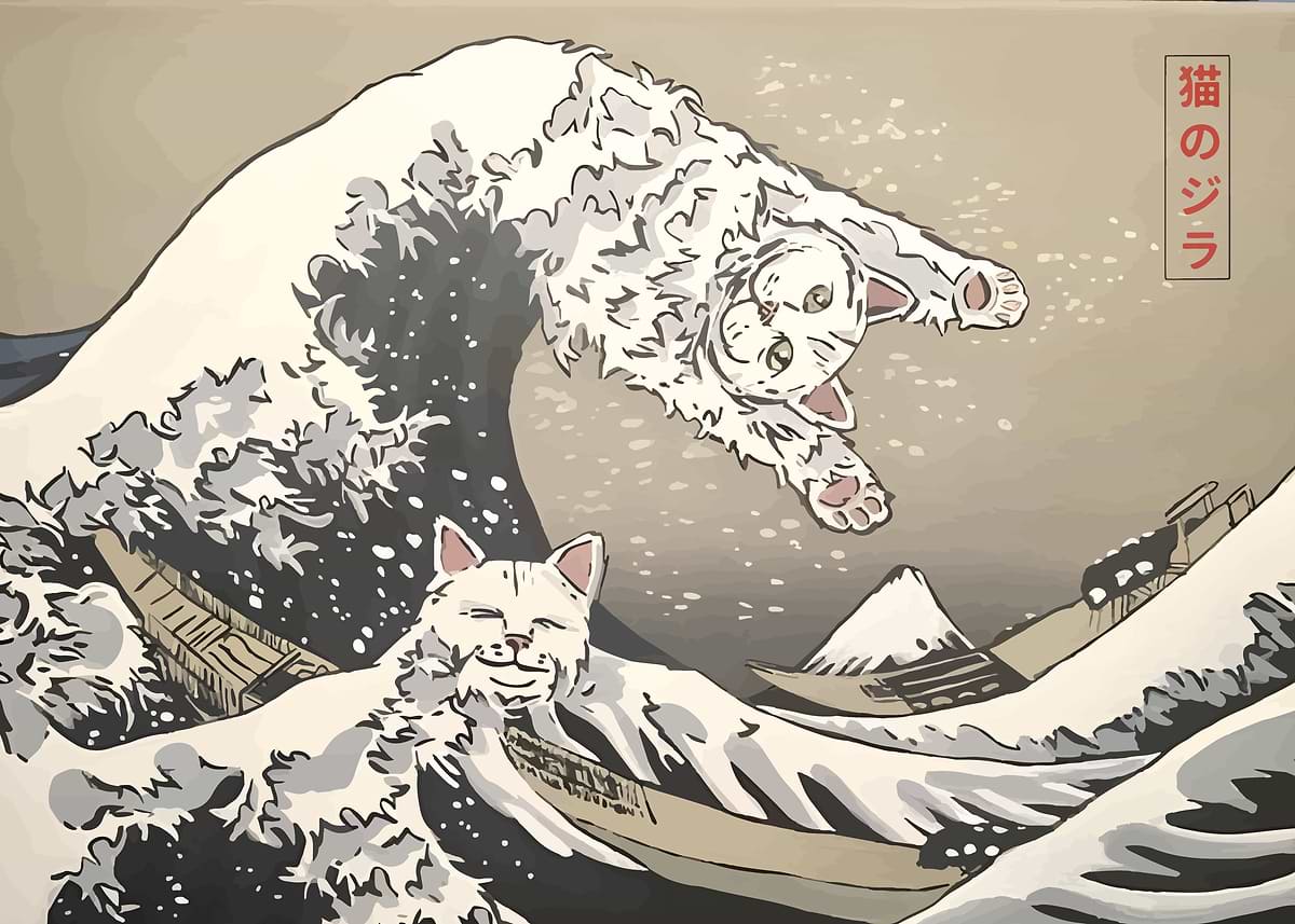 Cats in The Great Wave Parody' Poster, picture, metal print, paint