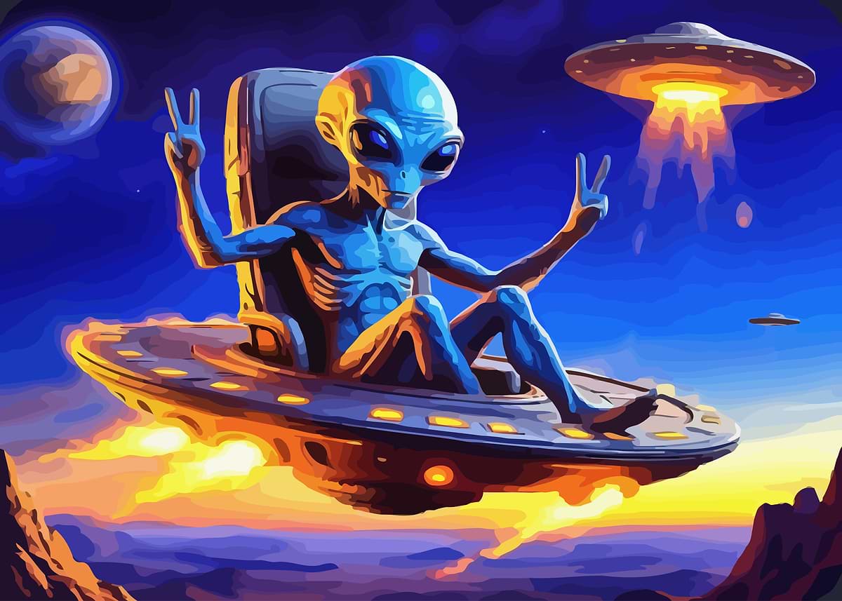'Alien in UFO giving peace sign' Poster, picture, metal print, paint by ...